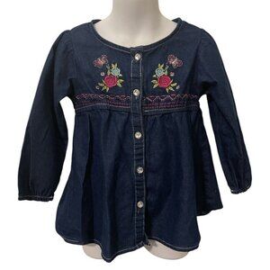 Real Love Girls Button Front Jean Shirt Size 4T Embroidered Flowers Long Sleeve